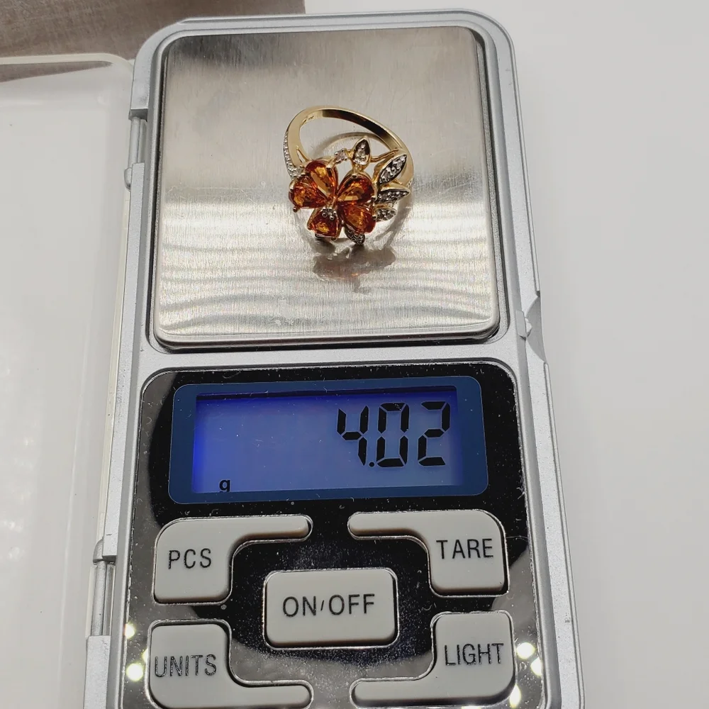 10k Solid Yellow Gold Genuine Spessartite Mandarin Garnet & Diamond Flower Ring